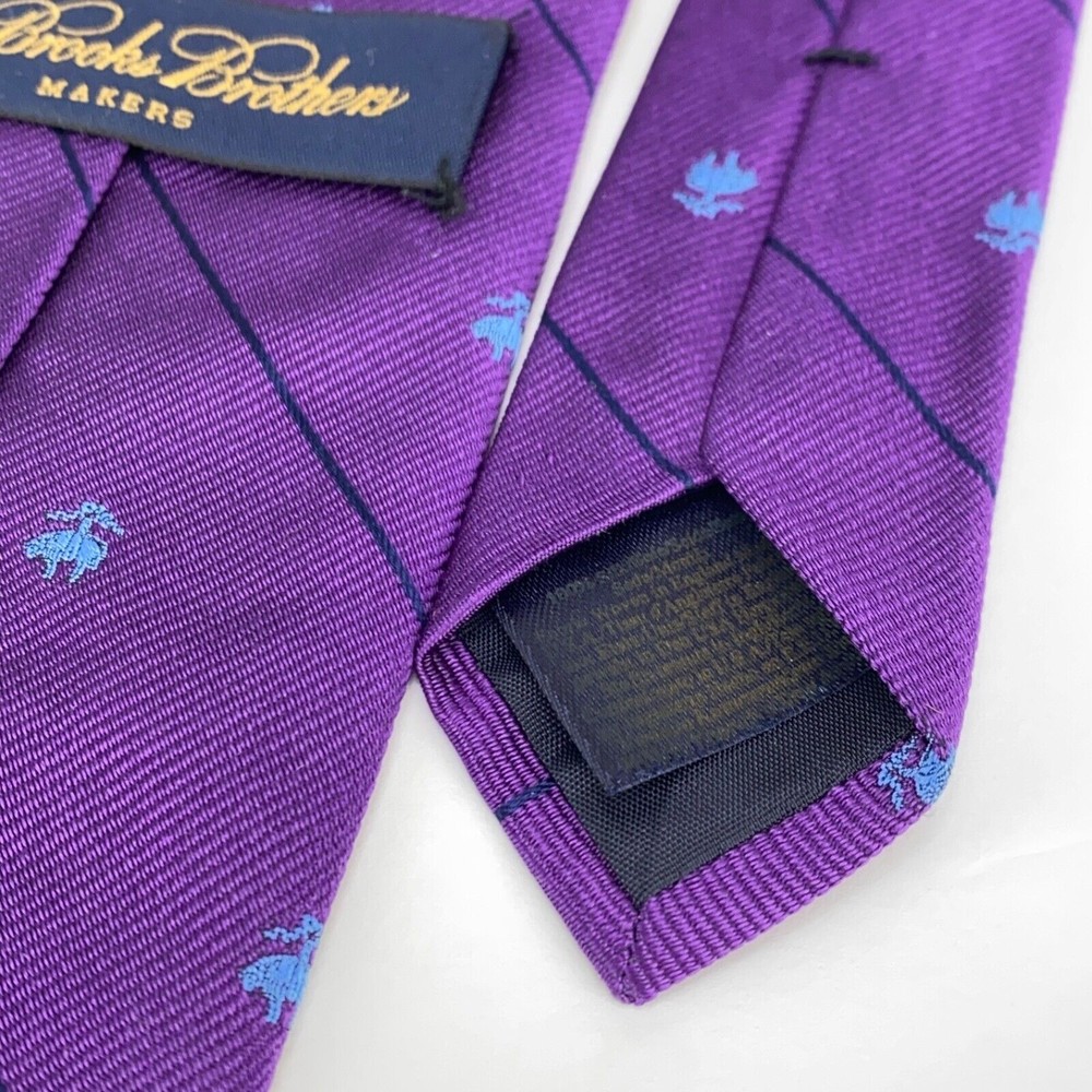 Brooks Brothers Purple Light Blue Golden Fleece Logo Navy Stripes 100% Silk Tie - Picture 7 of 10